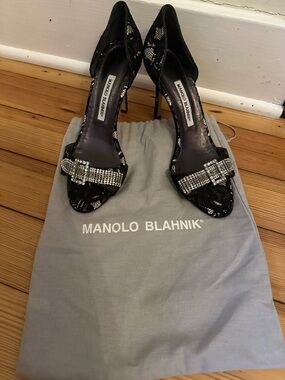 Manolo Blahnik Black Lace Crystal-Buckle D'Orsay Heels